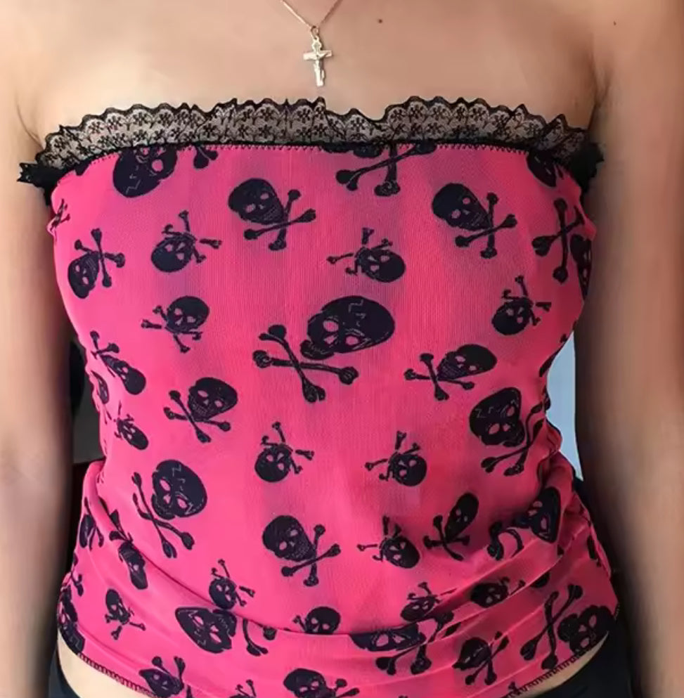 PINK SKULL LACE DOUBLE LAYER TOP