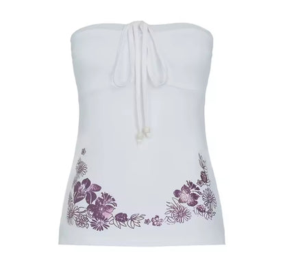 WHITE FLORAL HALTER TOP