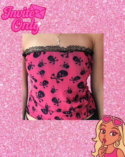 PINK SKULL LACE DOUBLE LAYER TOP
